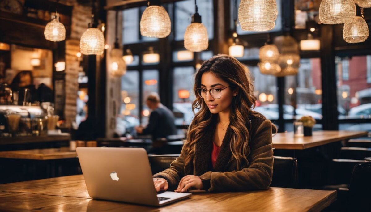 Een persoon werkt op een laptop in een gezellige koffieshop, omringd door verschillende gezichten, kapsels en outfits. Een persoon werkt op een laptop in een gezellige koffieshop, omringd door verschillende gezichten, kapsels en outfits.