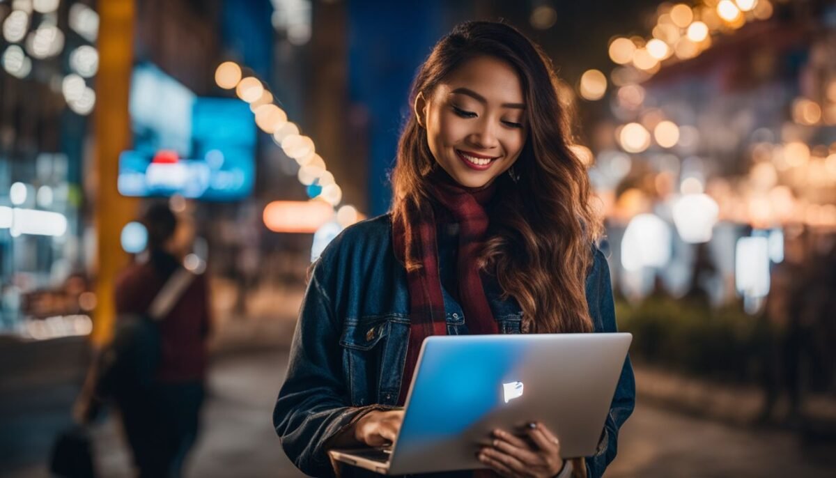 Een persoon houdt een laptop vast met een PayPal-logo op de achtergrond, omringd door stadsgezichten en verschillende gezichten en kapsels. Een persoon houdt een laptop vast met een PayPal-logo op de achtergrond, omringd door stadsgezichten en verschillende gezichten en kapsels.